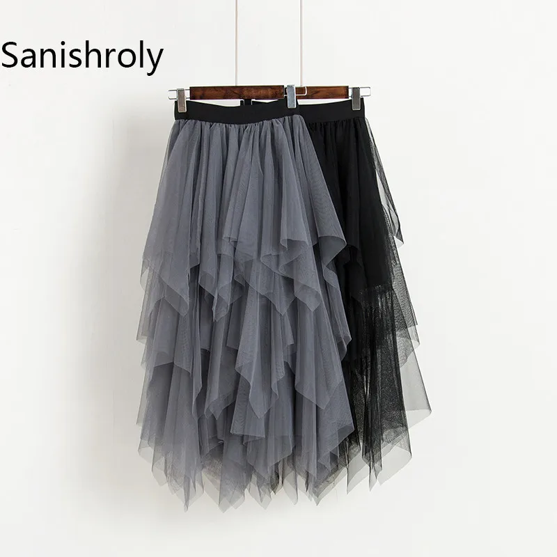 

Sanishroly 2018 Spring Summer Women Lace Mesh Skirt Elastic High Waist Irregular Skirts Female Tutu Skirts Party Long Skirt S023