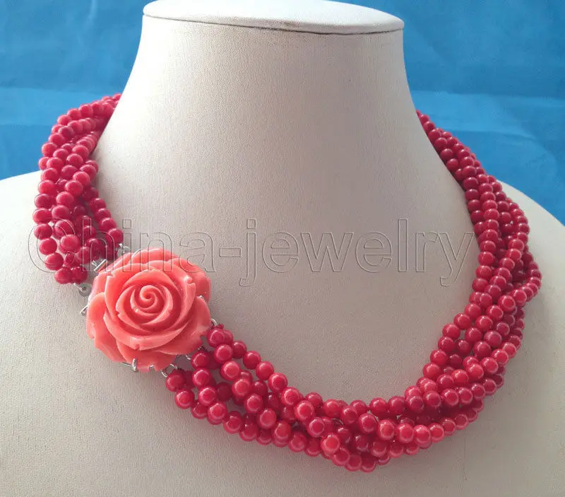 

Women Gift word Love Hot sale Beautiful 18" 5mm 6row red coral necklace - GP clasp mujer for -jewelry