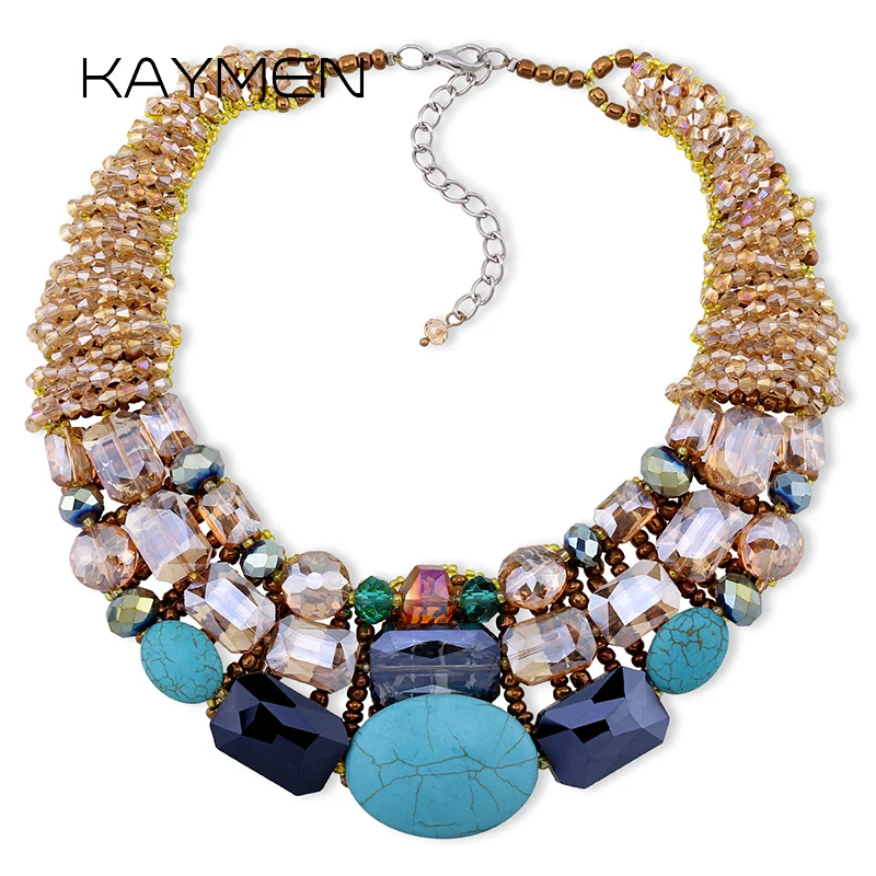 KAYMEN Luxury Handmade Statement Necklace for Women Girls Crystals and Imiation Turquoise Beaded Chunky Bib Chokers Dropshipping