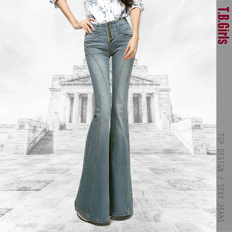 

Free Shipping 2023 New Fashion Flare Long pants For Tall Women Spring Breasted Denim Boot Cut Jeans Plus Size Trousers 25-32