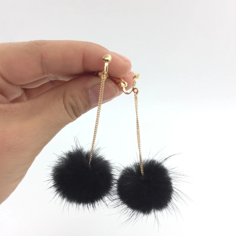GRACE JUN Clip on Earrings No Pierced for Women Fashion Bridal Wedding Top Quality Rabbit Mink Fur Ball Cuff Earrings No Allergy