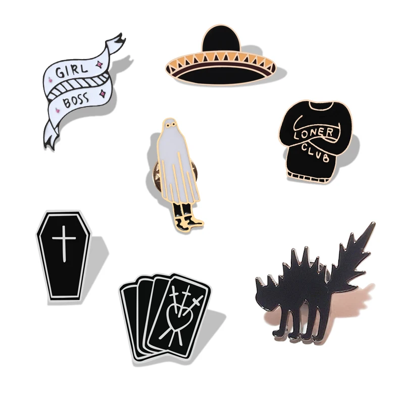 Fashion Black Gothic Witch Punk Badge Pins Skeleton Skull Cat Coffin Hat Brooches Bag Clothes Lapel Pin Accessories Jewelry Gift