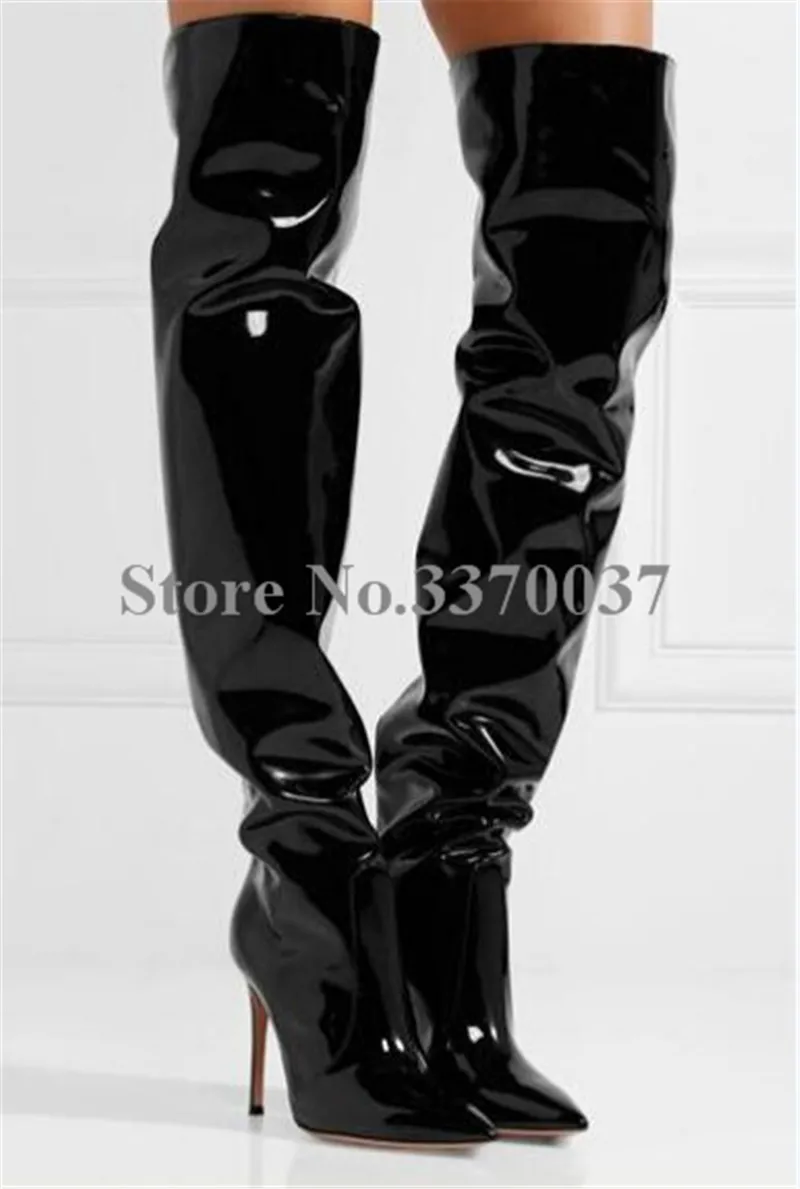 

High Quality Women Charming Patent Leather Over Knee High Heel Boots Pointed Toe Black Slip-on Long Boots Dress Shoes