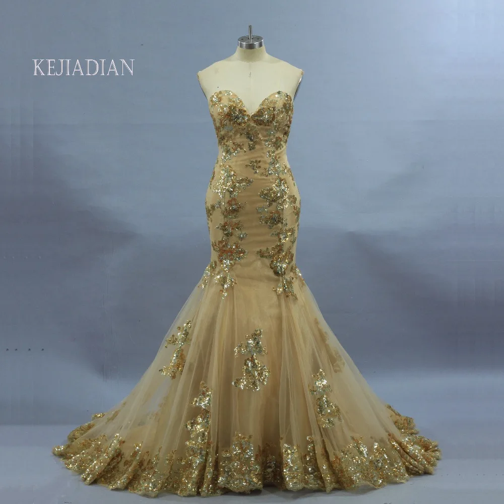 Vintage 2020 Gold Mermaid จริงโพโค Beading Lace Up ชุดแต่งงานชุดเจ้าสาวพลัสขนาด Vestido De Noiva