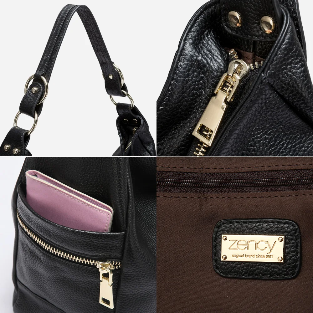 Zency Elegant 100% Genuine Leather Women Hobo Handbag Shoulder Bag Large Capacity Lady Zipper Red Purse Quality Black Mor Pocket