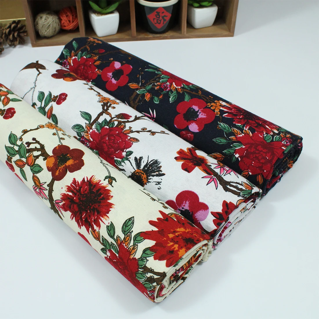 cotton and linen red flower plum Chinese Hwamei floral printed  textile for DIY handwork tablecloth curtains blouse dress fabric