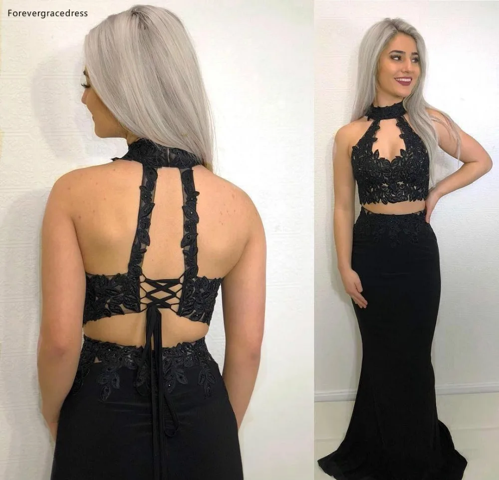 Twee Stukken Prom Jurken 2019 Black Halter Hals Feestdagen Afstuderen Dragen Partij Jassen Plus Size Custom Made