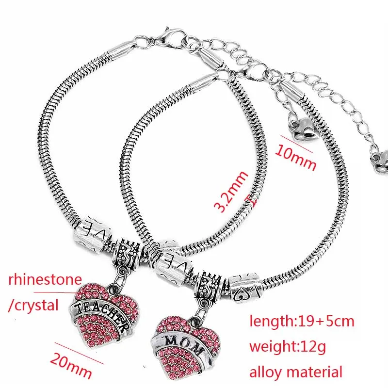 White Crystal Heart Jewelry Best Teacher Charm Bracelet Mother\'s and Teacher\'s Day Gifts Friendship Bracelet