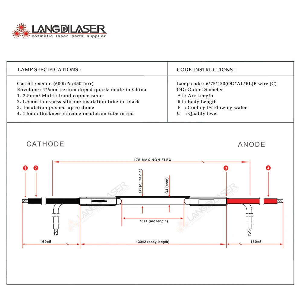 Xenon Flash Lamp-YAG Laser Lamp / Size 6*75*130F For Laser Tattoo Removal Machine