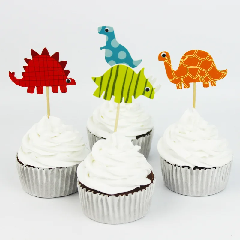 24pcs Dinosaur Cupcake Topper Paper Birthday Party Boy Cake Decorating Supply Baby Shower Dessert Decor 2styles