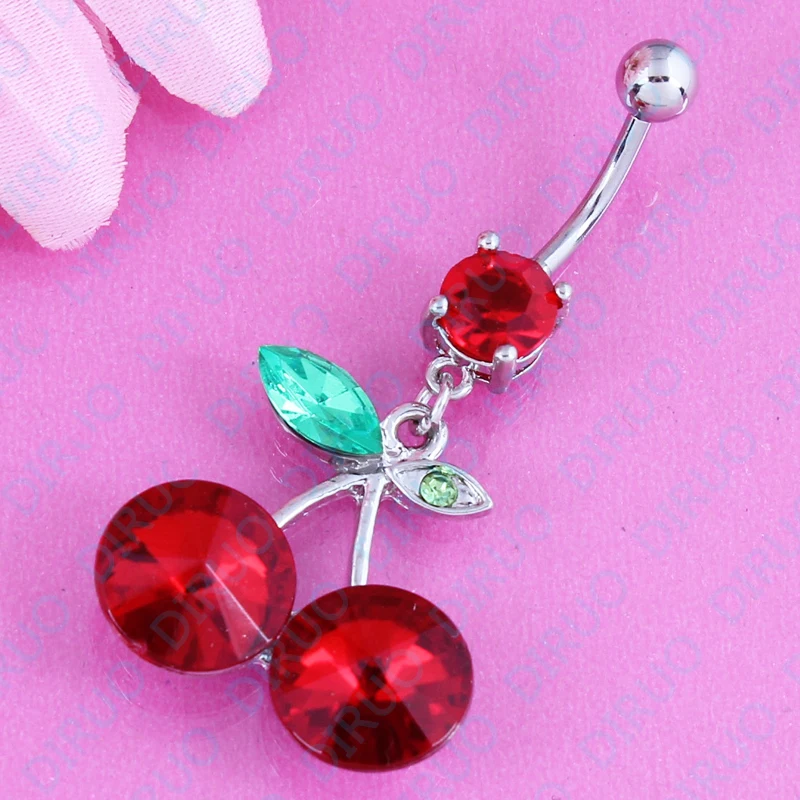 1PC Sale 316L Surgical Steel Red Double Cherry Dangle Navel Belly Ring nickel-free body piercing jewelry