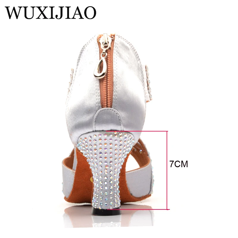 WUXIJIAO Diamond Silver Satin Latin dance shoes woman Salsa Party Rhinestones Ballroom dancing shoes Med heel 7cm zipper