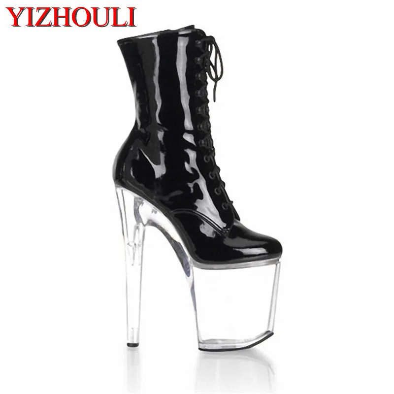 

Sexy women's fashion tie boots/sexy 20cm high heels/black PU leather shoes/sexy transparent platform ankle boots