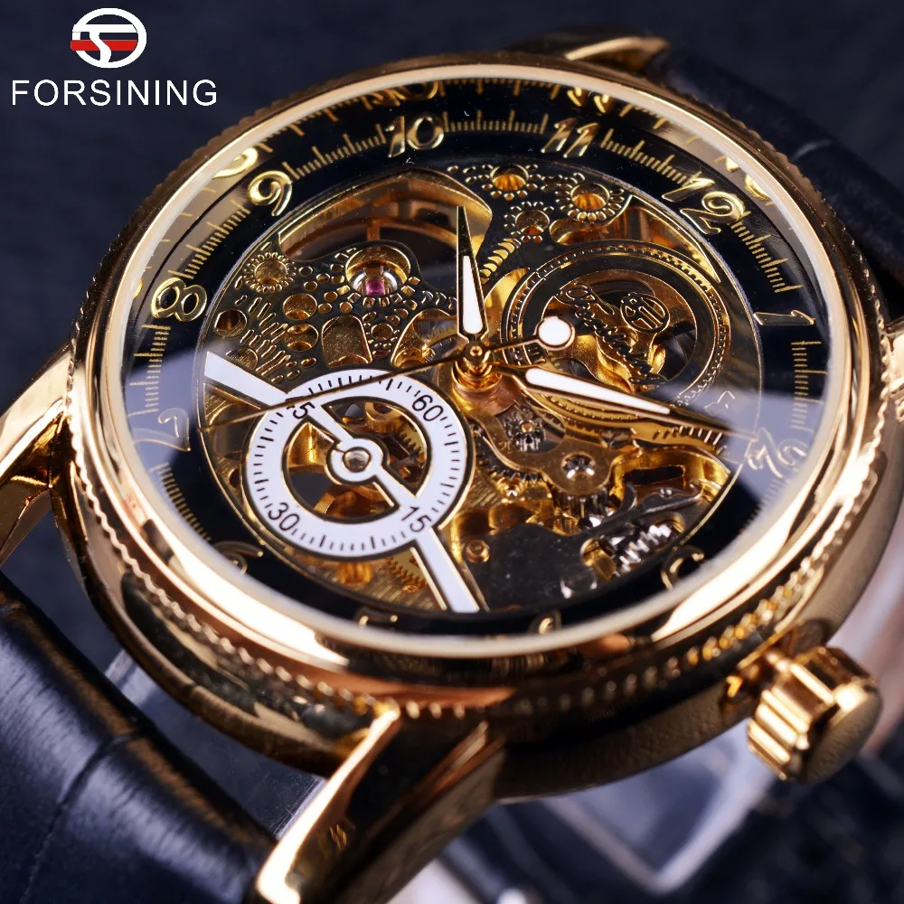 Forsining Classic Hollow Engraving Skeleton Casual Designer Black Golden Gear Bezel Watches Men Luxury Brand Automatic Watches