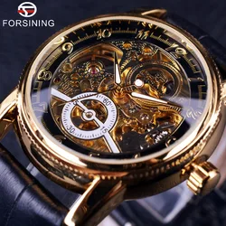 Forsining-relojes automáticos de marca de lujo para hombre, cronógrafo con bisel de engranaje dorado y negro, con grabado de esqueleto hueco clásico, diseño informal