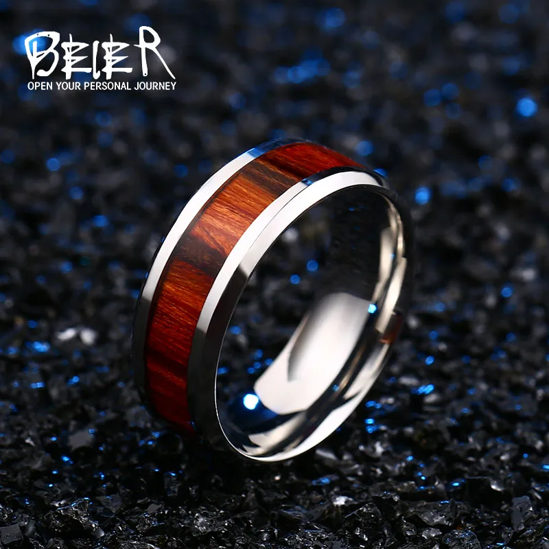 316L Stainless Red Woodiness For Man Titanium Steel High Polished Man\'s Fashion Ring BR-R087