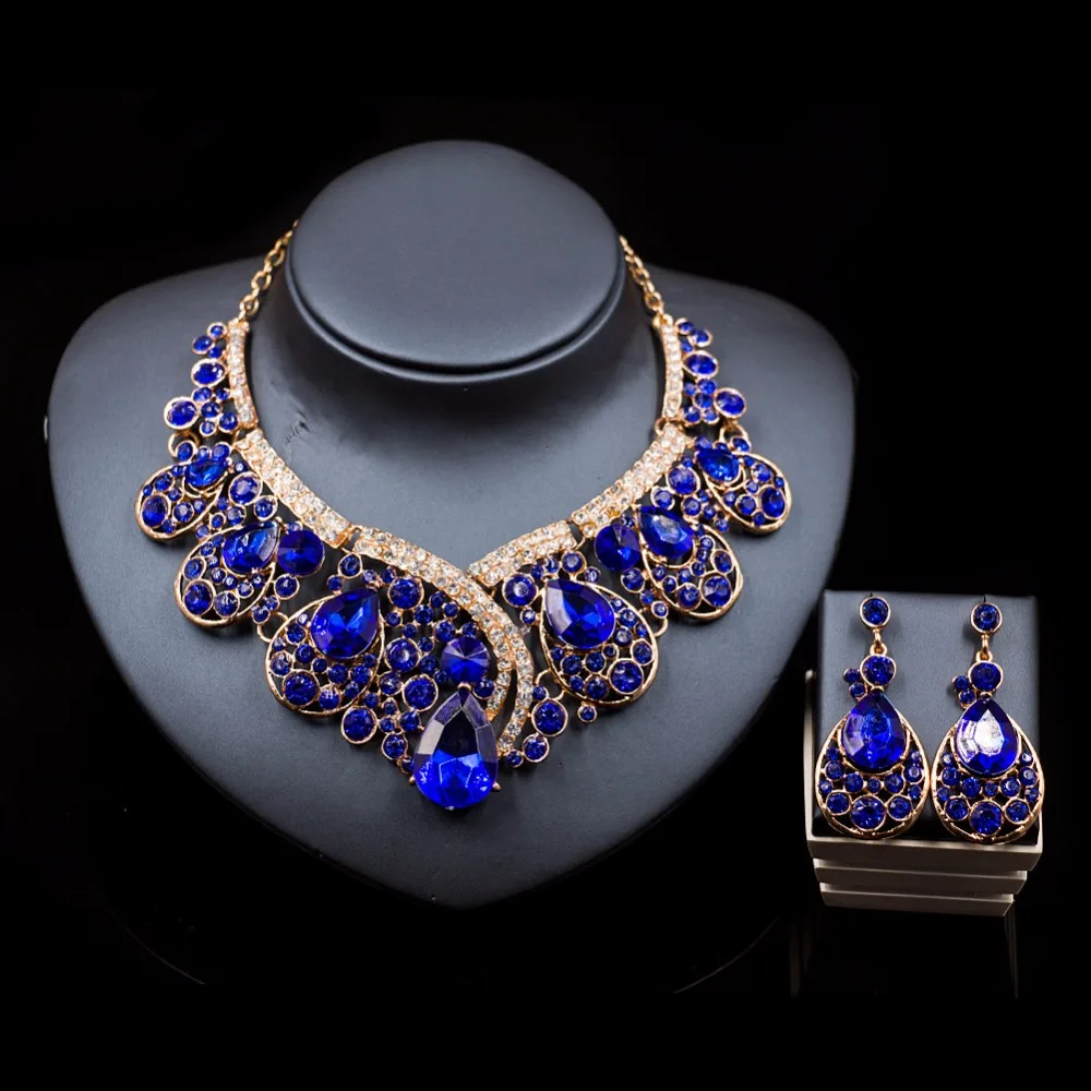 Luxurious Teardrop Crystal Bridal Wedding Jewelry Sets Rhinestone Big Necklace Earrings Sets Hot Sale TL034