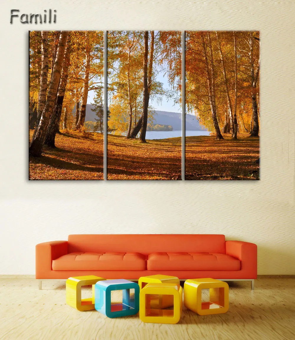 3Pieces Cuadros Wall Art Autumn Tree Oil Painting On Canvas Paintings  Pictures Home Decor Living Room Unframed