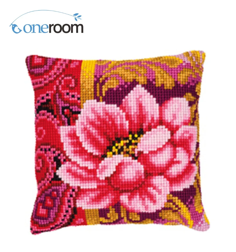 

Pink flowers DIY Needlework Kit Unfinished Acrylic Yarn Embroidery Pillow Tapestry Canvas Cushion Front Cross Stitch