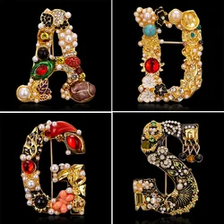 Elegant 26 Letters A D G S Letter Brooches for Women Rhinestone Pearl Enamel Flower Sweater Scarf Suit Brooch Pin Female Jewelry