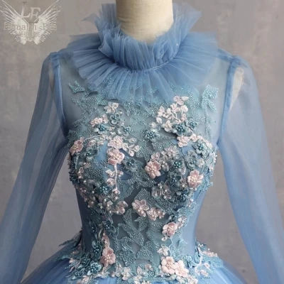 blue stand collar long sleeve beading rococo Medieval Renaissance drama stage Gown Costume Victoria Marie Antoinette Belle opera