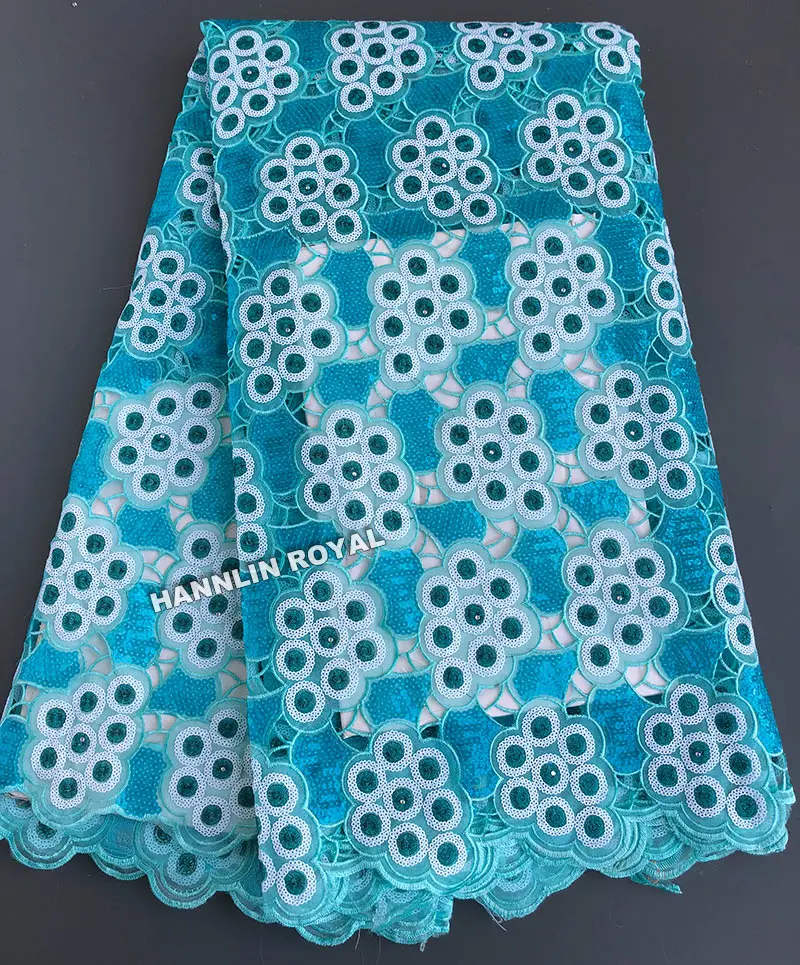 Teal white sequins African Handcut organza lace fabric bridal Nigeria traditional garment clothes hot sale