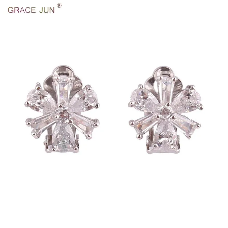 GRACE JUN High-grade Full AAA CZ Flower Shape Clip on Earrings Without Piecing for Women Charm Bridal Wedding Cushion Earrings