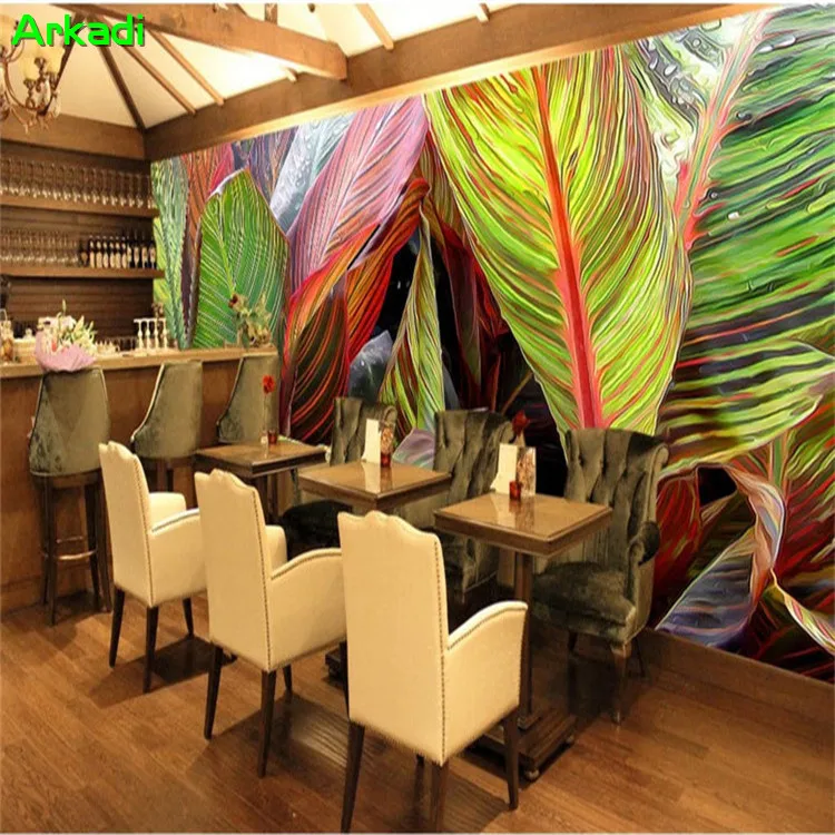 Southeast Asian style mural hand-painted oil painting tropical plant flamingo banana leaf TV background wallpaper