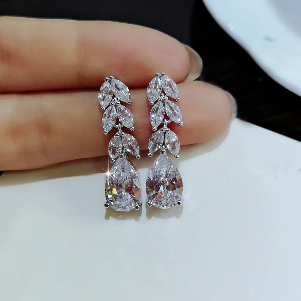 Fashion Super Shine AAAAA CZ Crystal Water Drop Earrings Flower Long Earrings 925 Silver Needle Earrings For Women Wedding