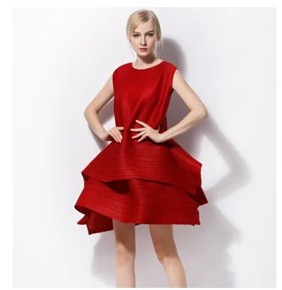 

HOT SELLING Miyake Fold temperament O-neck sundress sleeveless dress sod BALL GOWN DRESS IN STOCK