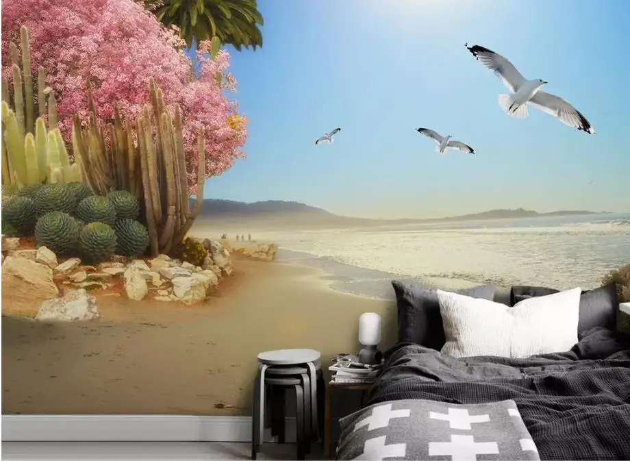 

3D seaside tropical plants flowers and birds background wall painting wallpaper for walls 3 d for living room