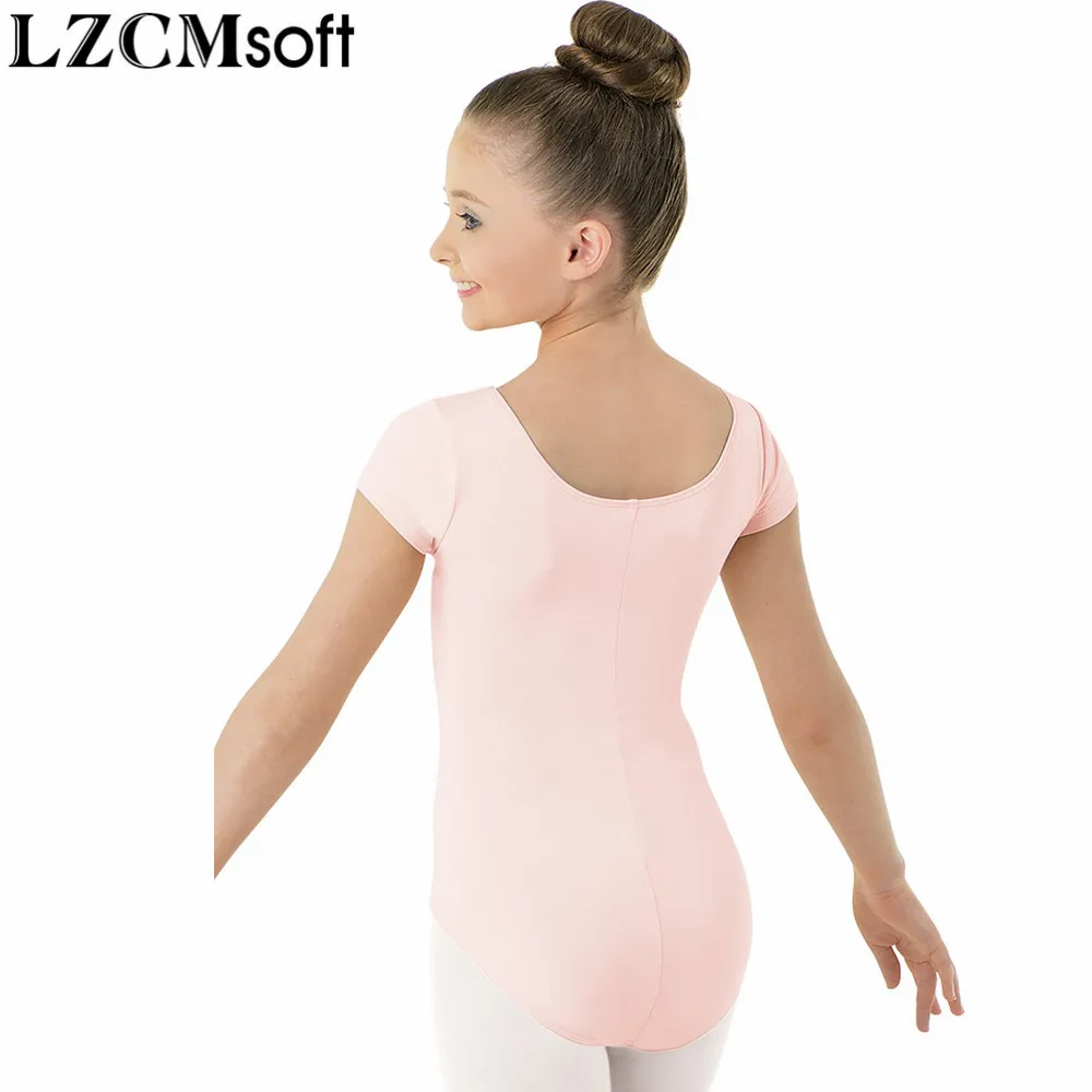 LZCMsoft Girls Nylon Spandex Scoop Neck Gymnastics Leotards Child Short Sleeve Ballet Dancewear Stage Performance Bodysuit Kids