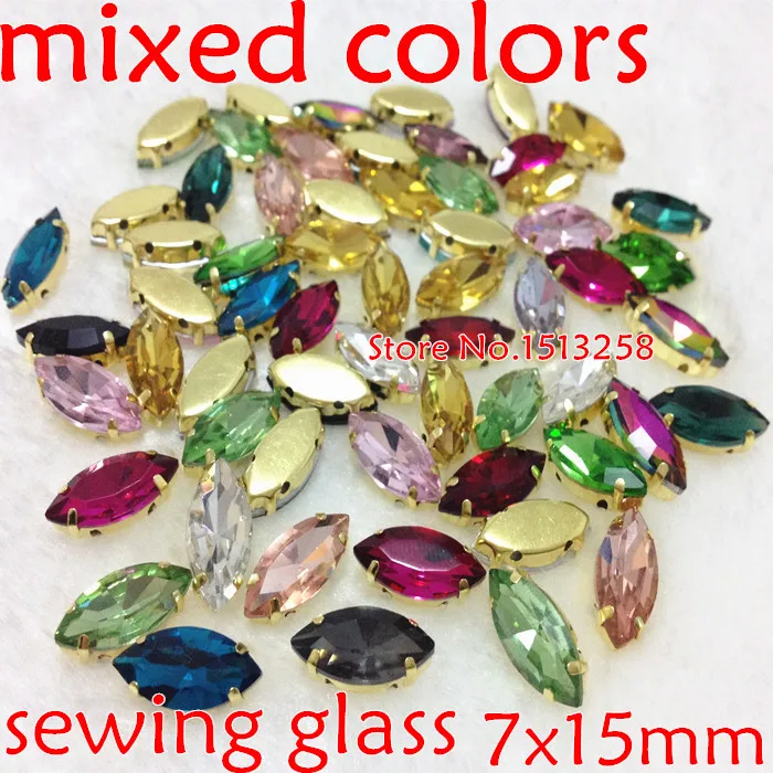 

Mix Colors 90pcs 7x15mm Navette Glass Sew On Rhinestone In Gold claw setting horse eye Sewing For Dress