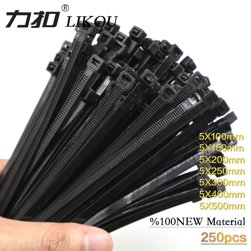 LIKOU Nylon cable tie 5x150 5x200 5x300 5x400 5x500 width4.8mm wholesale Plastic self-locking cable ties straps 250PCS black