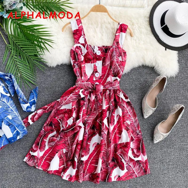 

ALPHALMODA Tropical Leaf Printed Dress Single Breasted Sleeveless Casual Tank Dress Women 2019 New Holidays Vaction Vestidos