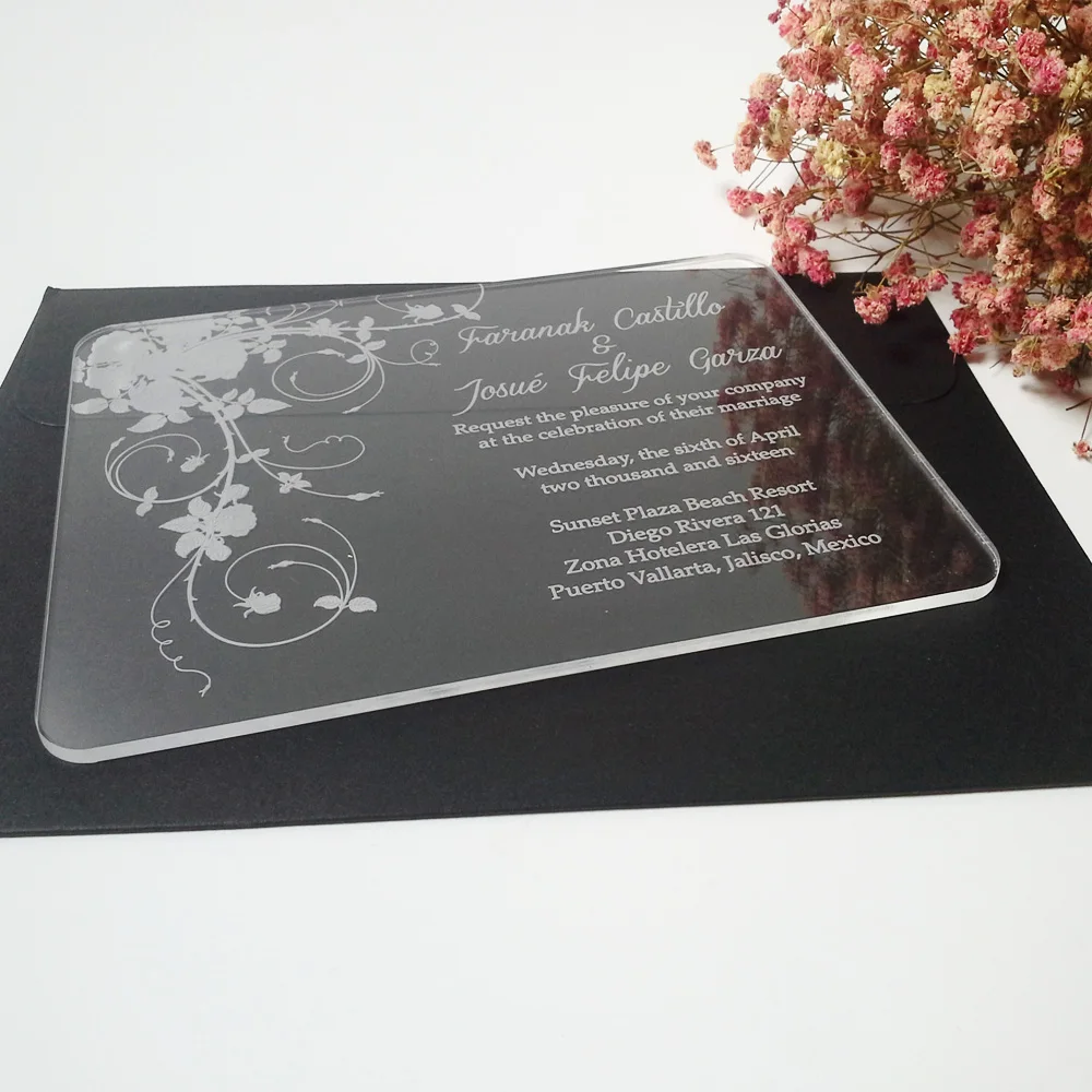 Customized clear acrylic wedding invitation card with beautiful rose elements 3mm thickness 5*7inch(1lot=100pcs)