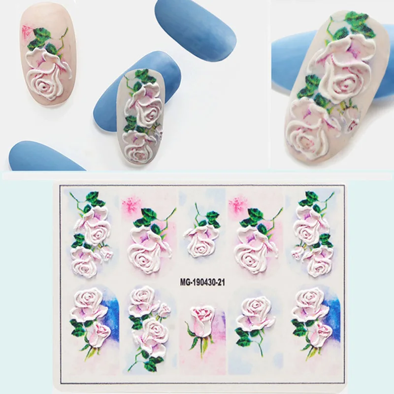 

3D Acrylic Engraved flower Nail Sticker Embossed Leopard flower Leaves Water Decals Empaistic Nail Water Slide Decals Z0109