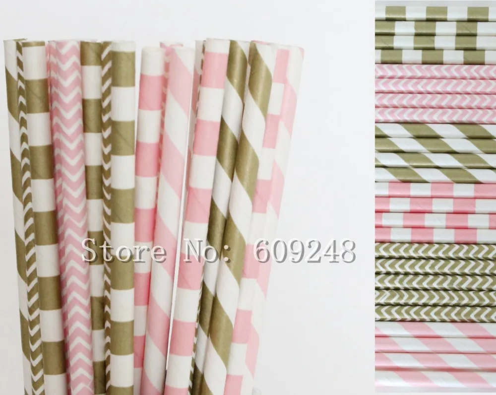 150 Pcs Paper Straws Mix,Red Checkered,Light Pink,Metallic Gold Sailor Striped and Zig Zag Chevron,Vintage Wedding Baby Shower