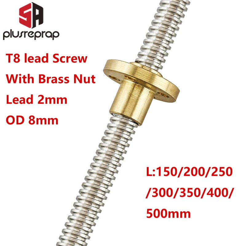 T8 Lead Screw OD 8mm Pitch 2mm Lead 2mm 150mm 200mm 250mm 300mm 350mm 400mm 500mm with Brass Nut for Reprap 3D Printer Z Axis