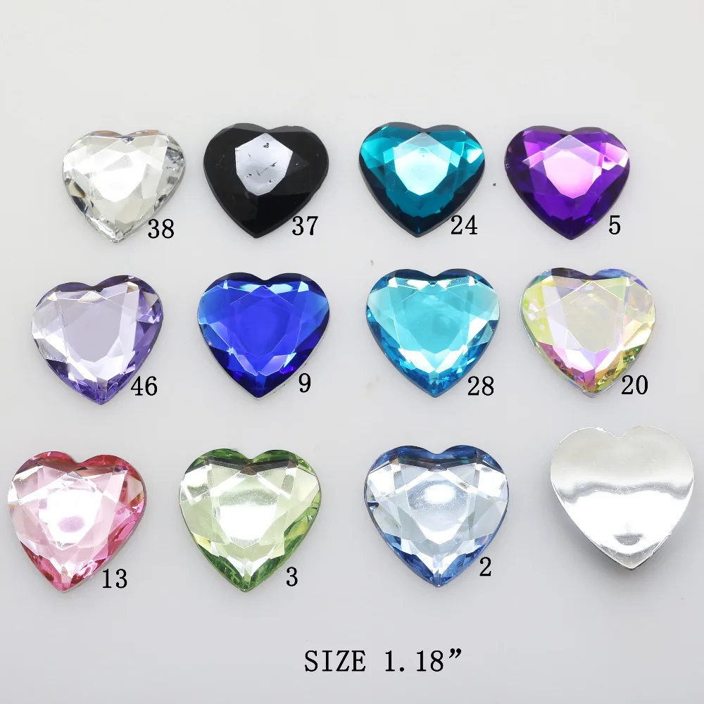 New large size 20Pcs/Lot Heart Mix Color 30mm Wedding Dress Acrylic Rhinestone Diy Flatback Sewing Strass Glue-On accessories