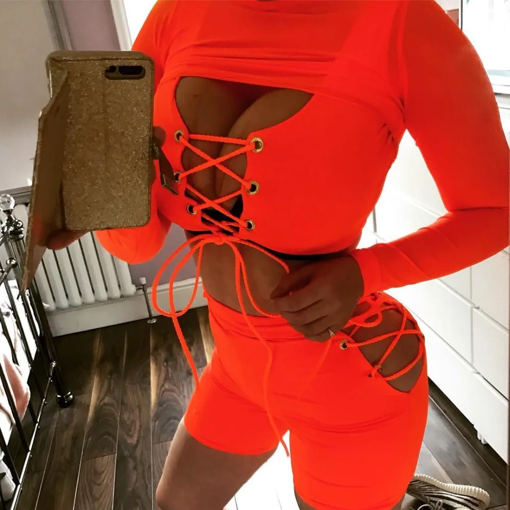 

BKLD 3 Piece Set Women Bodycon Orange Crop Top Short Pants Sets For Women Festival Clothing Sexy Summer Club Party Outfits Women