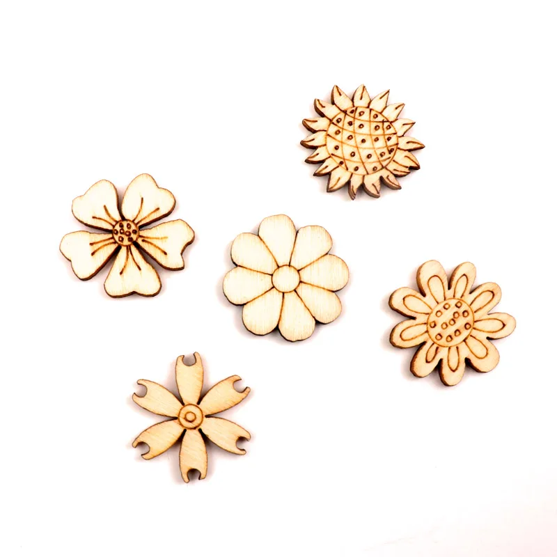 Home Decoration Handmade Accessory Scrapbooking Craft DIY Natural Flower Leaves Pattern Wooden Embellishment 24-30mm 50pcs