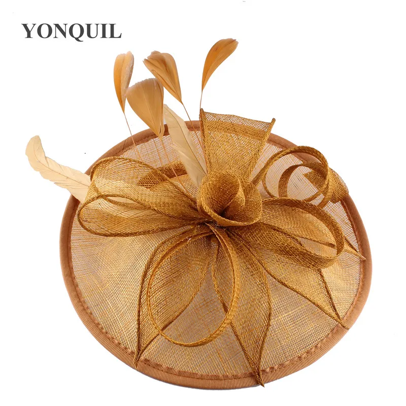 Gold Sinamay Hats Feather Flower Fascinators For Party Hats Bridal Hair Accessories Wedding Cocktail Hats High Quality SYF205