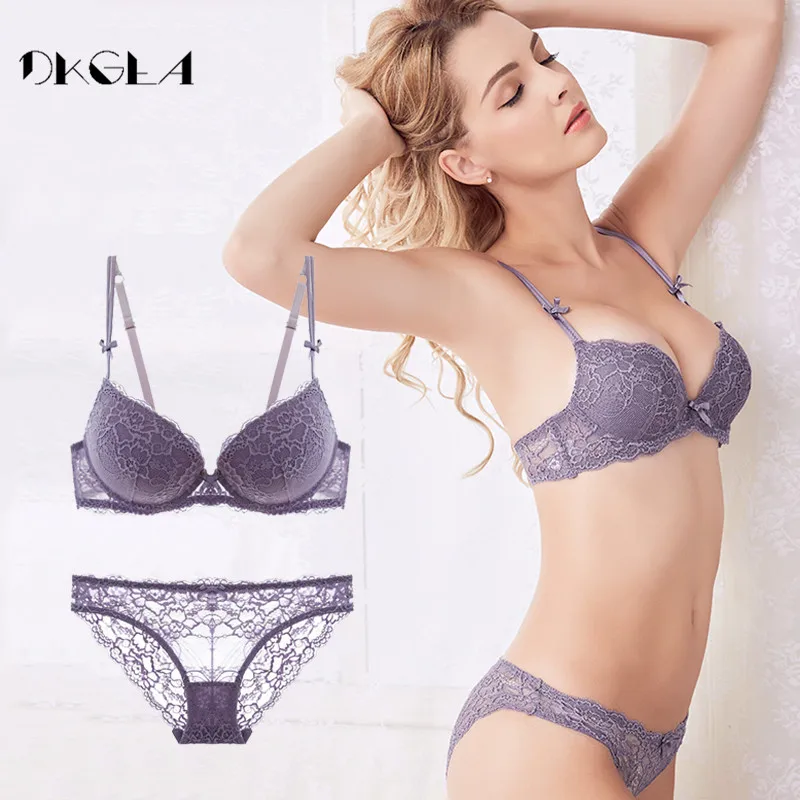 Fashion brand women underwear set cotton sexy bra and panty sets plus size purple lace lingerie set push up set 3/4 cup Padded