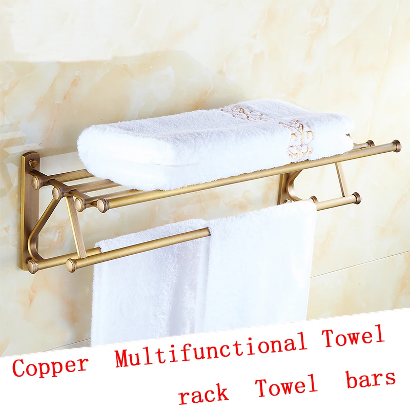 

2 Types 55cm Brass brushed wall bathroom shelves, Fasion towel rack shelf with hooks wall mounted, Copper dual tier towel rack