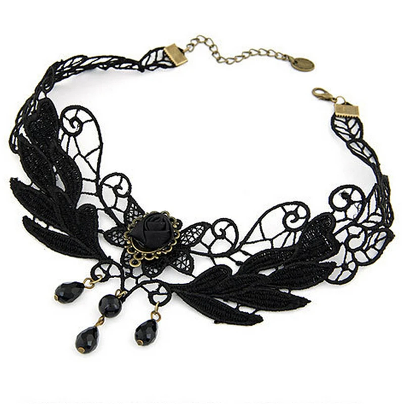 1PC Gothic Jewelry False Collar Statement Necklace Women\'s Style Black Fabric Rose Flower Beads Pendant Choker Lace Necklace