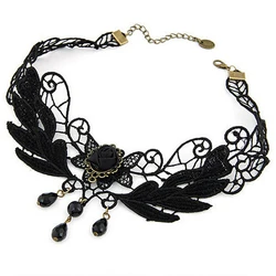 1PC Gothic Jewelry False Collar Statement Necklace Women's Style Black Fabric Rose Flower Beads Pendant Choker Lace Necklace