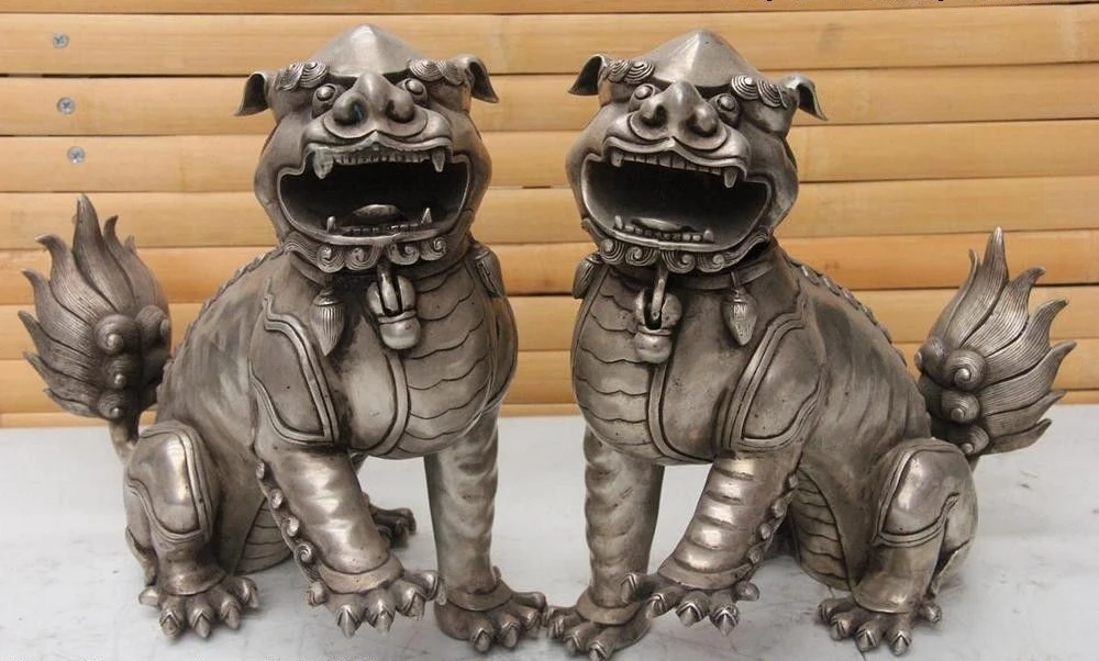 Chinese Buddhism White Copper Silver Foo Dog Lion beast incense burner Censer