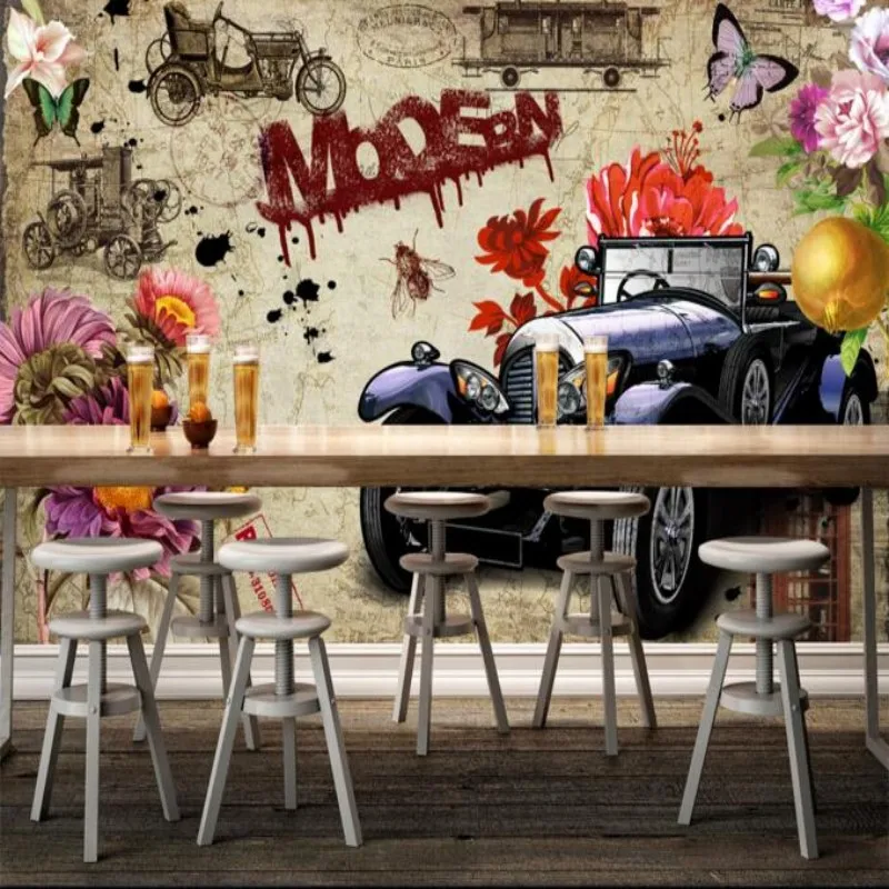 beibehang car personalized murals uo retro nostalgia classic bar KTV background wallpaper living room sofa background wall