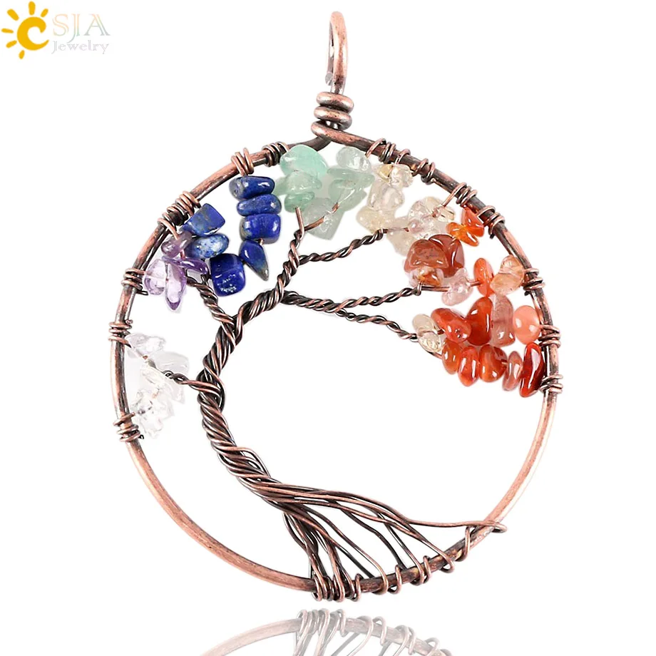 CSJA 7 Chakra Natural Stone Pendant Chip Beads Wrap Wisdom Tree of Life Antique Copper Plated Heart Pendants for Necklace E269